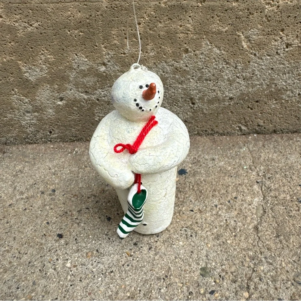 VTG Department 56 Crackled Snowman Ornament‎ with Red Scarf and Green Stocking